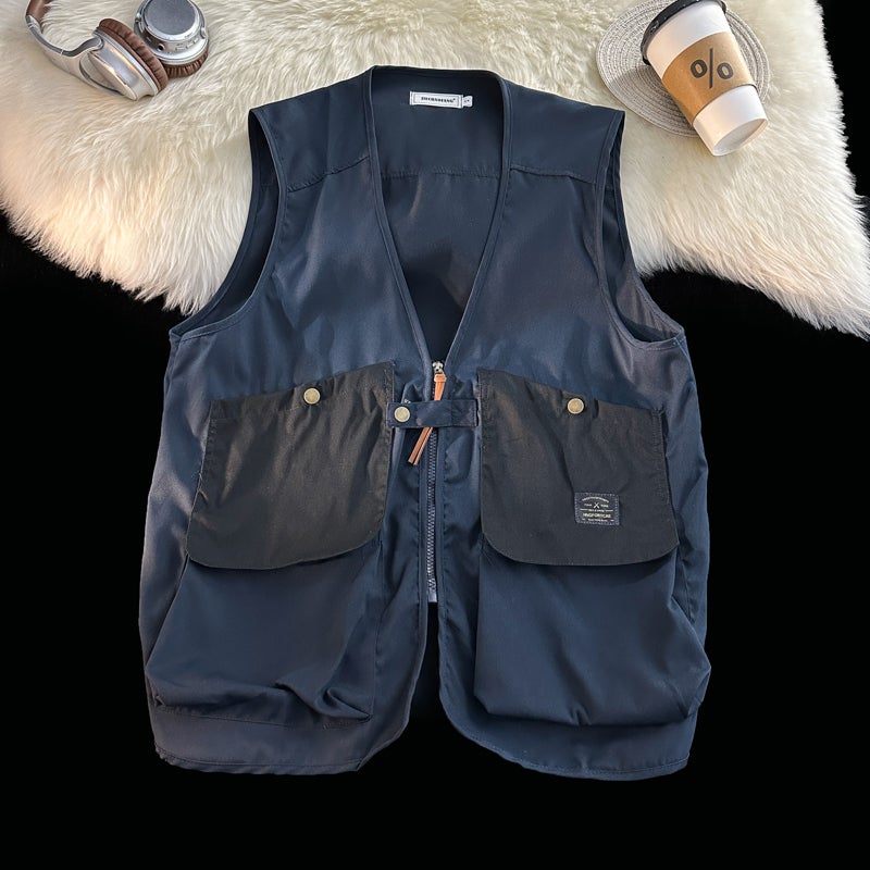 Japanese-Style Trendy Multi-Pocket Cargo V-Neck Vest Unisex Streetwear Bf Sports Vest Loose Sleeveless Jacket - Image 1